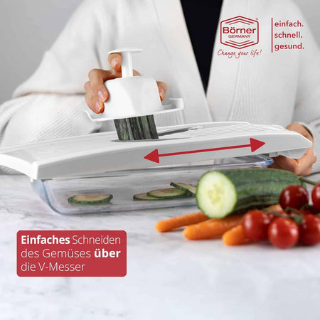 Börner Cortador de Verduras V1 (Set Básico) • Mandolina en V con 2 Cuchillas Intercambiables y Protector de Dedos • Rebanador de Verduras • Ajustable para 3 Grosores • Color: Blanco