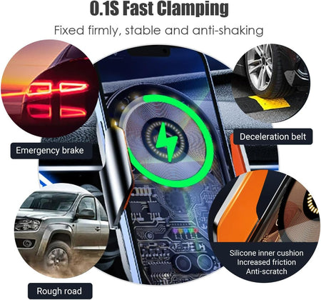 Cargador inalámbrico de coche con clip de retención giratorio de 360°, soporte de teléfono de ventilación antivibración, soporte de teléfono de coche de sujeción automática para teléfonos de 4.7 a 7.2