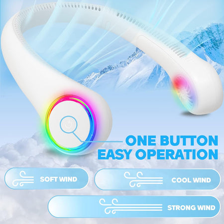 Ventilador de Cuello, Mini Ventilador Portatil, Ventilador Cuello Sin Aspas, Ventilador USB Recargable Bateria 4000 mAh con Ajustable 3 Velocidades Luz LED para Viajes Deporte Oficina Hogar
